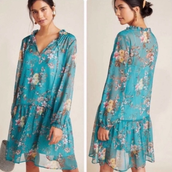 Anthropologie Dresses & Skirts - Anthropologie Maeve Sheer Teal Green Floral Long Sleeve Dress Size M